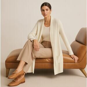 ALLUDE 100% Cashmere Ribbed Open Front Cardigan Sweater Ivory Sz XL $469 {I24}